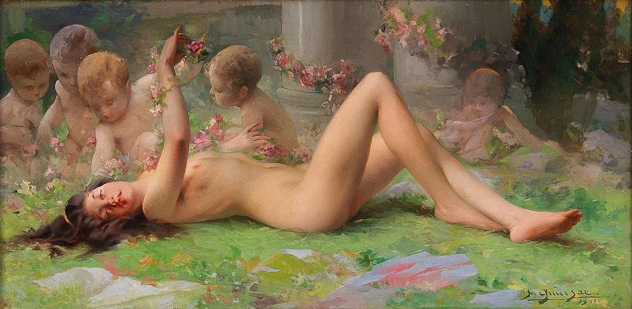 François Paul Auguste Quinsac - Nudo sdraiato con cherubini, 1901